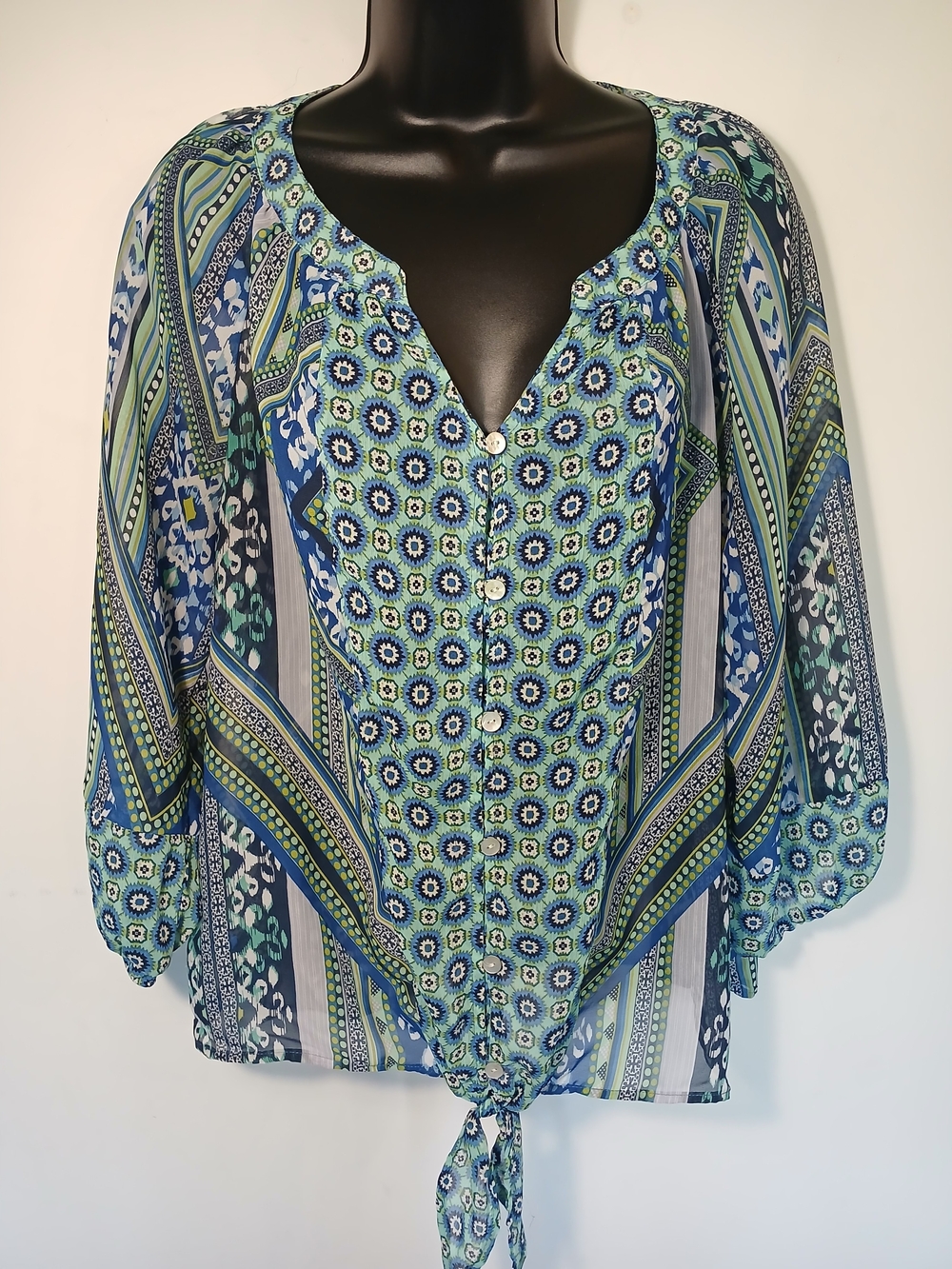 fig and flower Blue and Green Tie-Front Peasant Blouse